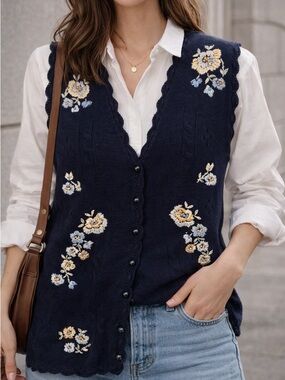Carolyn Taylor Embroidered Floral Sweater Vest Navy Button Front Cottagecore